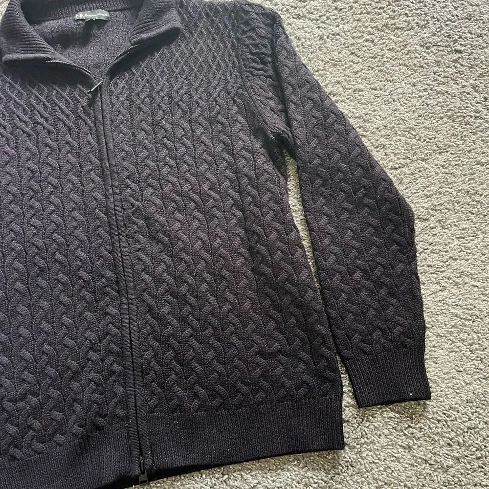 VTG Neiman Marcus Full Zip Sweater Wool Cable Knit Fisherman Chunky Black Large